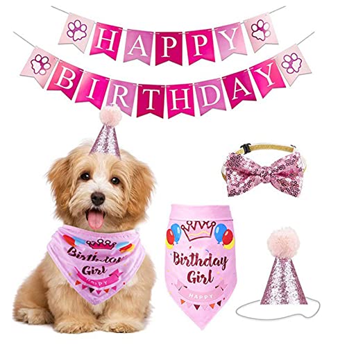 Dog Birthday Party Supplies-Dog Birthday Set with Dog Bandanas,Dog Hat，Dog Collar and Birthday Banner,Dog Party Decorations for Small Medium Large Dog Pet. (Pink)