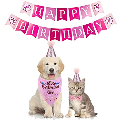 Dog Birthday Party Supplies-Dog Birthday Set with Dog Bandanas,Dog Hat，Dog Collar and Birthday Banner,Dog Party Decorations for Small Medium Large Dog Pet. (Pink)