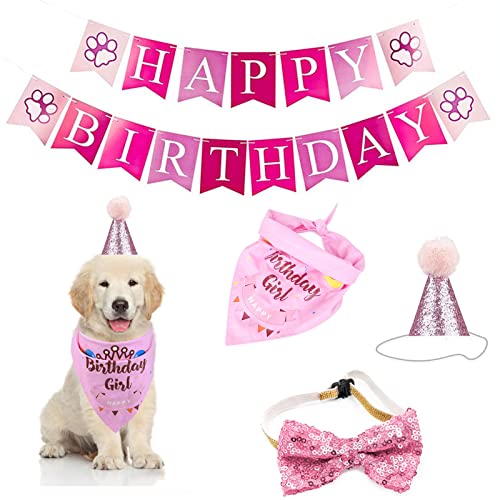 Dog Birthday Party Supplies-Dog Birthday Set with Dog Bandanas,Dog Hat，Dog Collar and Birthday Banner,Dog Party Decorations for Small Medium Large Dog Pet. (Pink)