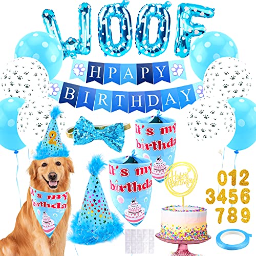 Dog Birthday Party Supplies - Dog Girl Birthday Bandanas Set with Dog Birthday Hat, Scarf, Birthday Banner, Balloons and Bowtie. Puppy Dog Pals Birthday Party Decorations.